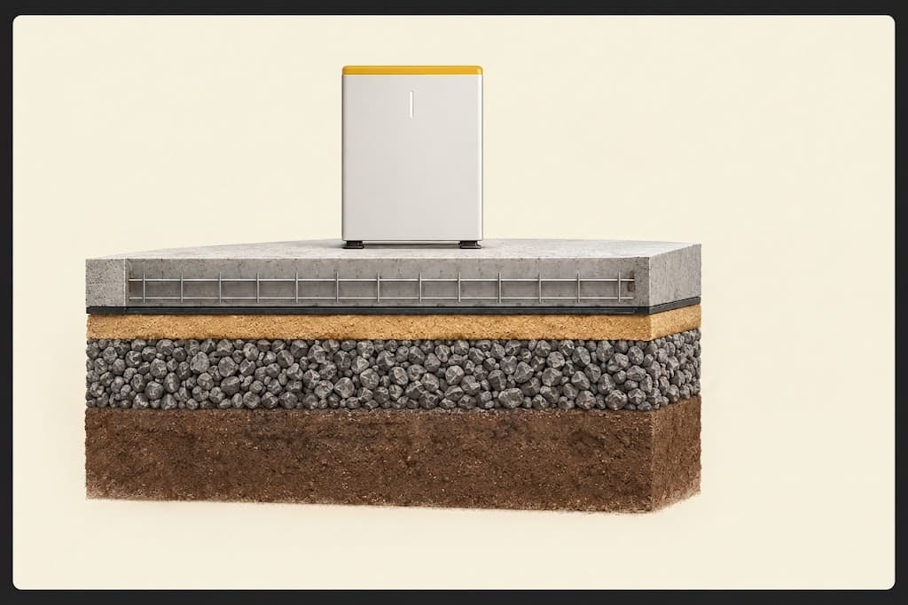 Cut-away of a battery pad: a home battery standing on a mesh-reinforced concrete slab, over a damp-proof membrane, a bed of coarse sand, compacted crushed rock and undisturbed ground, with the surrounding ground graded so water runs away from the pad.